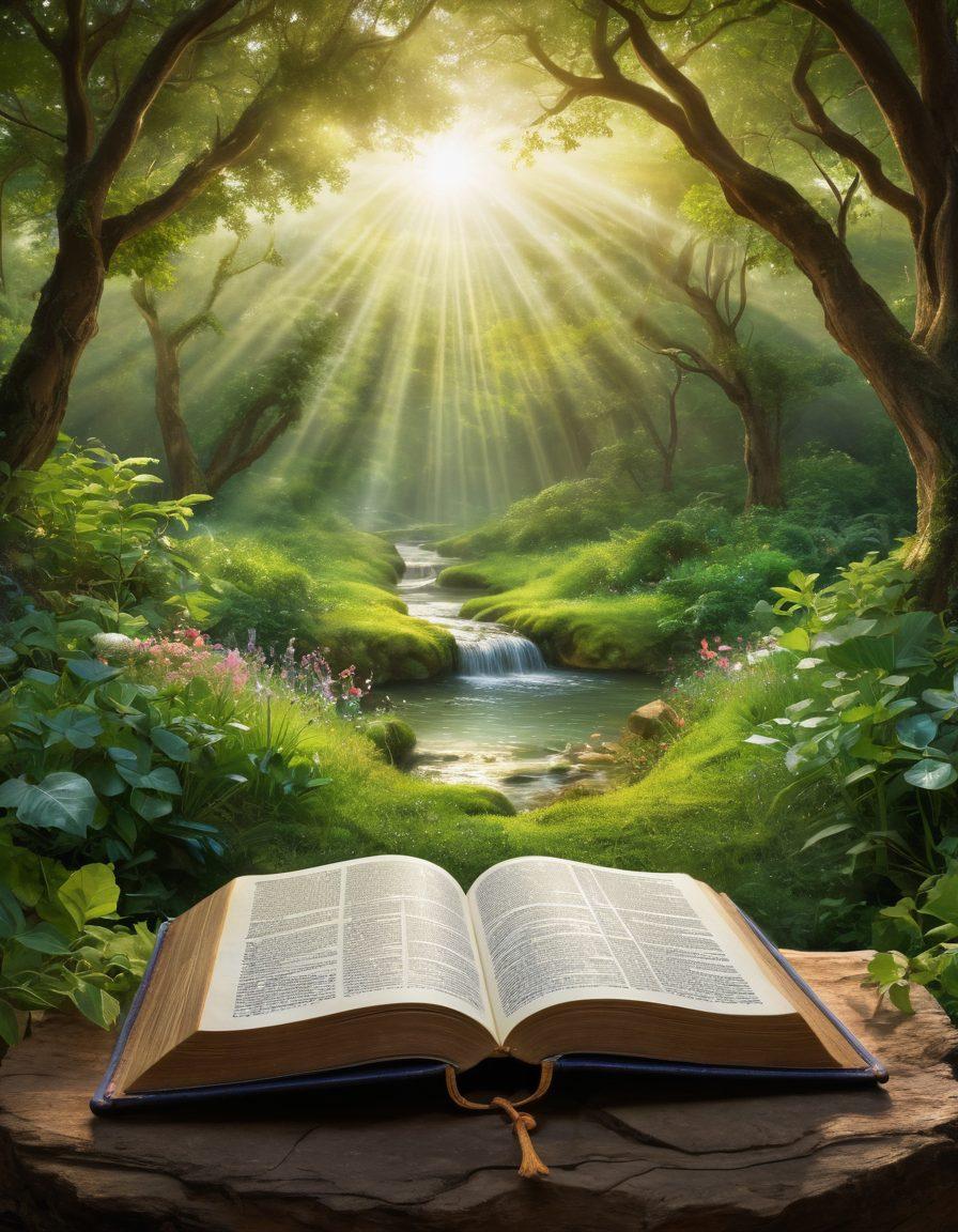A serene landscape depicting an open Bible surrounded by glowing scriptures. Ethereal light beams shining down on lush greenery, symbolizing growth and enlightenment. Deeply insightful quotes floating in the air, blending nature with spirituality. A subtle hint of a path leading into a vibrant horizon, representing the journey of spiritual growth. enchanting, super-realistic, vibrant colors.