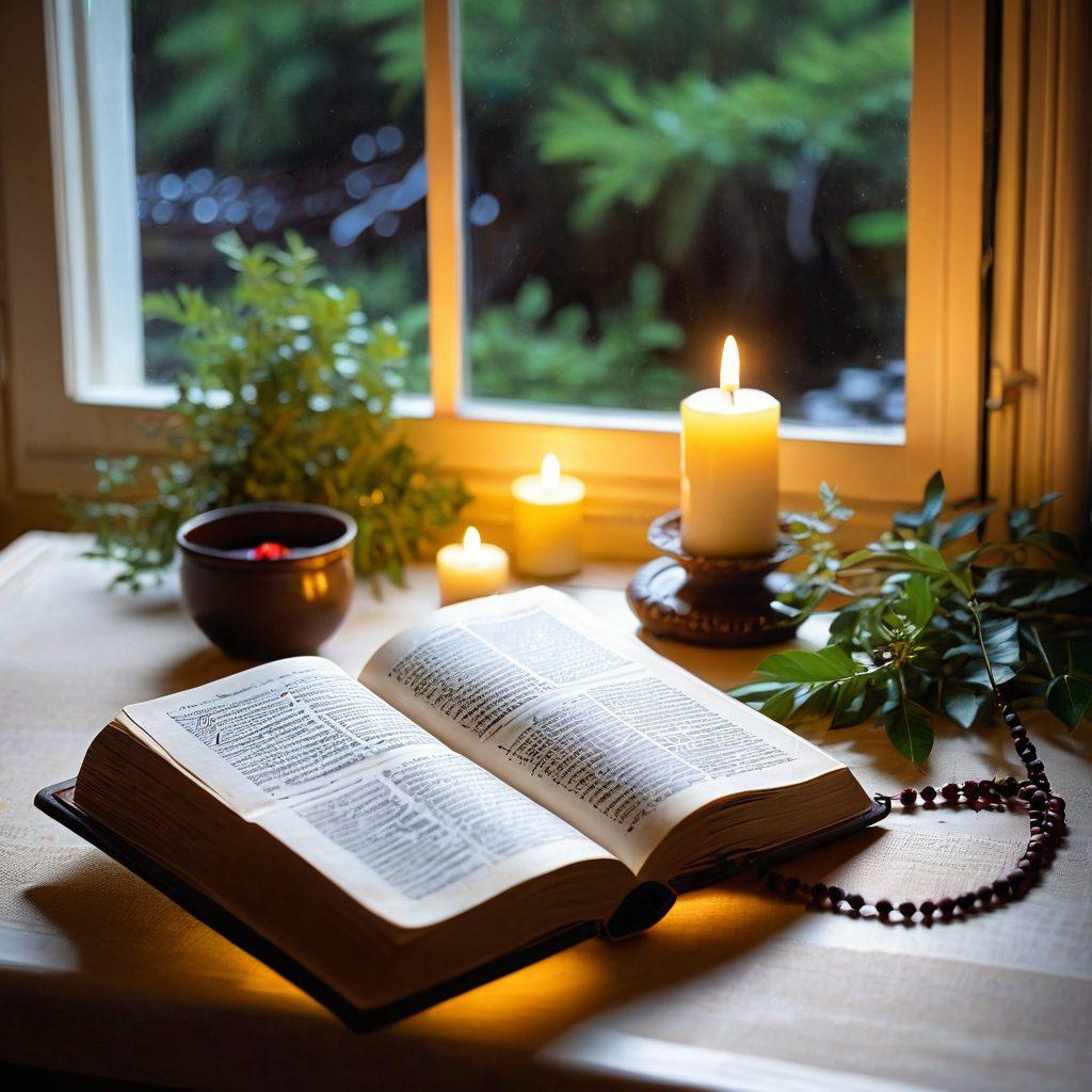 An open Bible with glowing pages, surrounded by various devotional tools like prayer beads, a candle, and a journal. Soft rays of light filter through a peaceful window, creating a serene atmosphere of spiritual reflection. The background features serene nature elements like a gentle stream and lush greenery. super-realistic. vibrant colors. warm lighting.