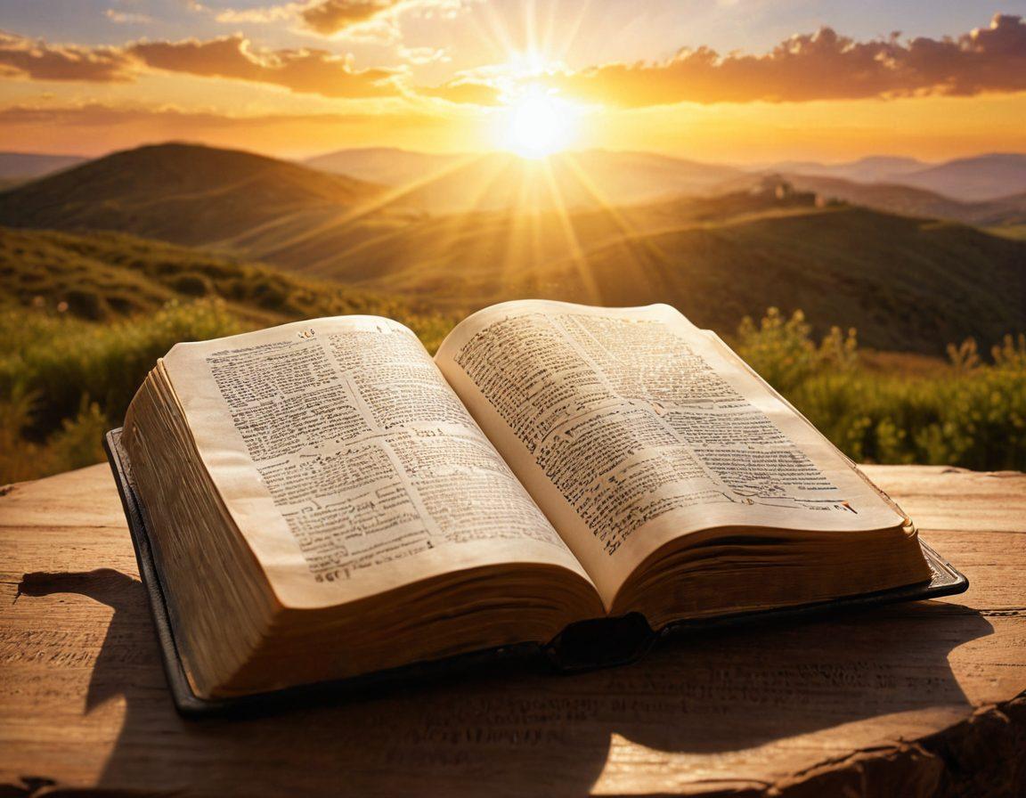 An open Bible with golden sunlight illuminating the pages, surrounded by glowing verses that float in the air, symbolizing inspiration. In the background, a silhouette of a person deep in contemplation, with a serene landscape of rolling hills and a bright horizon. This scene conveys strength and connection to faith through scripture. super-realistic. vibrant colors. ethereal lighting.